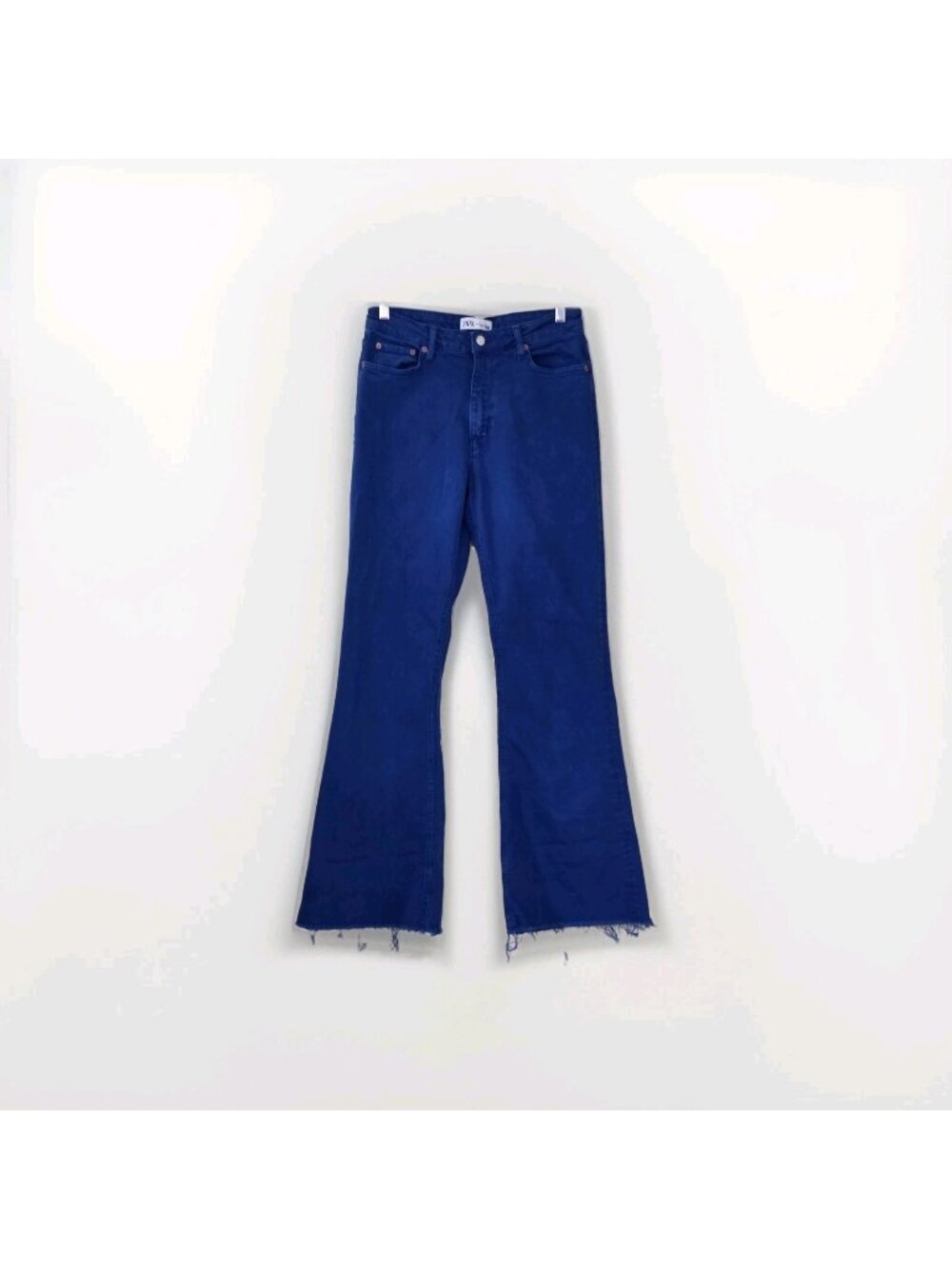Zara Jeans Womens 8 Cobalt Blue Flared Leg Stretch Boho Hippie Raw Hem Preppy